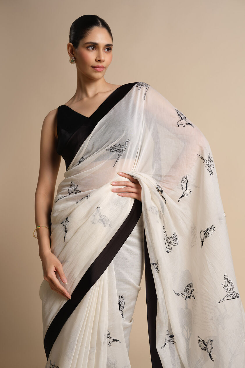 Usoa Hand-embroidered Kantha Mul Saree - Ivory, Ivory, image 5